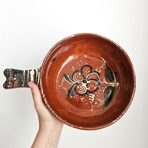 Vintage Mexican Terracotta Floral Bowl – Handcrafted Folk Art Pottery 12.75 Inch